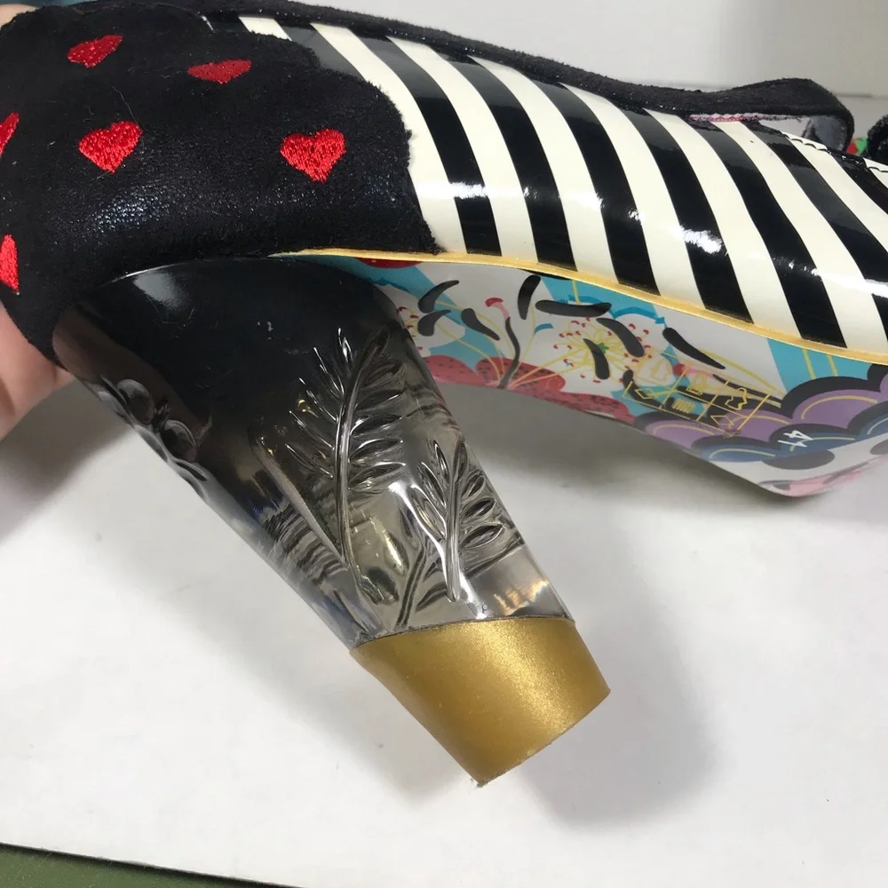 Irregular Choice Black and White Striped Heels with Red Heart Strawberry Accent - Picture 4 of 7